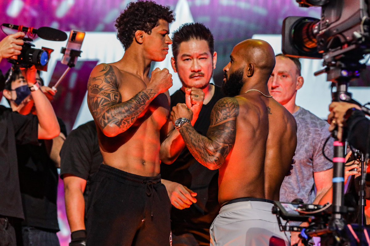 Adriano Moraes, Chatri Sityodtong, and Demetrious Johnson at the ONE on Prime Video 1 press con