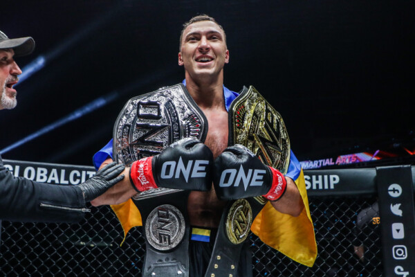 Roman Kryklia with ONE Heavyweight Kickboxing World Grand Prix belt at ONE 163